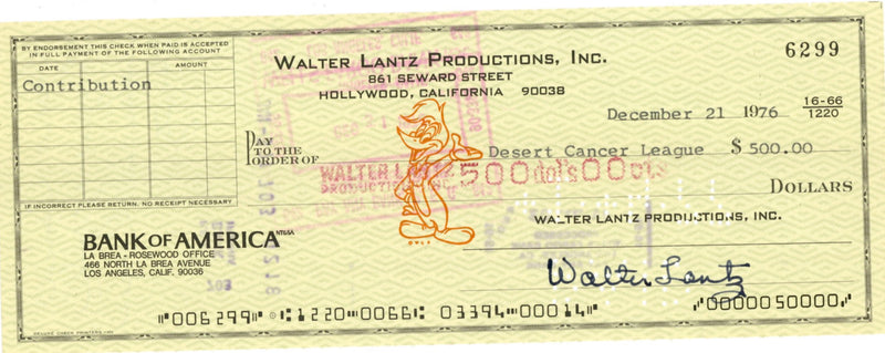 Woody Woodpecker Original Production Drawing and Walter Lantz Signed Check