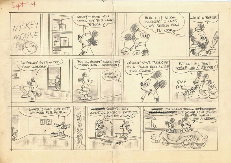 Mickey Mouse (1969) Original Sunday Comic Strip, Drawing, and Proof: Mickey, Minnie, and Morty