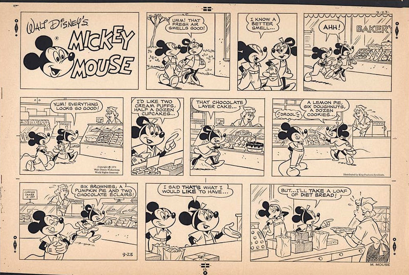 Mickey Mouse (1973) Original Sunday Comic Strip, Drawing, and Proof: Mickey and Minnie