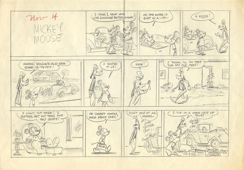 Mickey Mouse (1971) Original Sunday Comic Strip, Drawing, and Proof: Mickey, Minnie, and Goofy