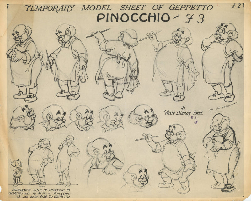 Pinocchio Original Stat Model Sheet: Early Geppetto Designs