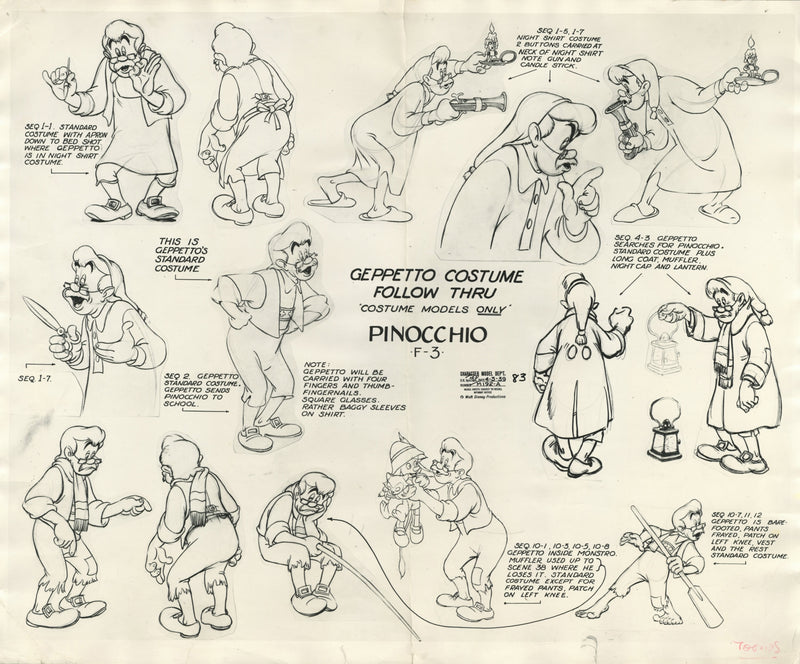 Pinocchio Original Stat Model Sheet: Geppetto Costumes