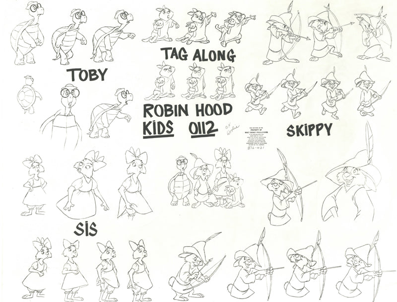 Robin Hood Original Production Model Sheet: Toby, Tag Along, Sis, and Skippy