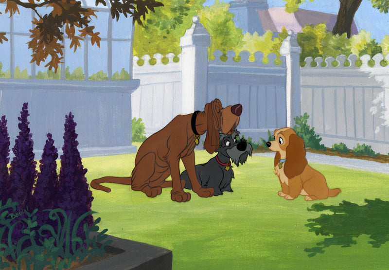 Lady and the Tramp Original Production Cel on Hand-Painted Background: Lady, Jock and Trusty