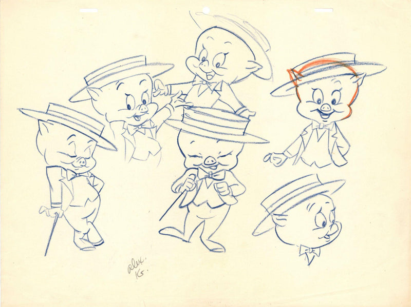 Porky Pig Character Model Drawing Signed by Alex Ignatiev