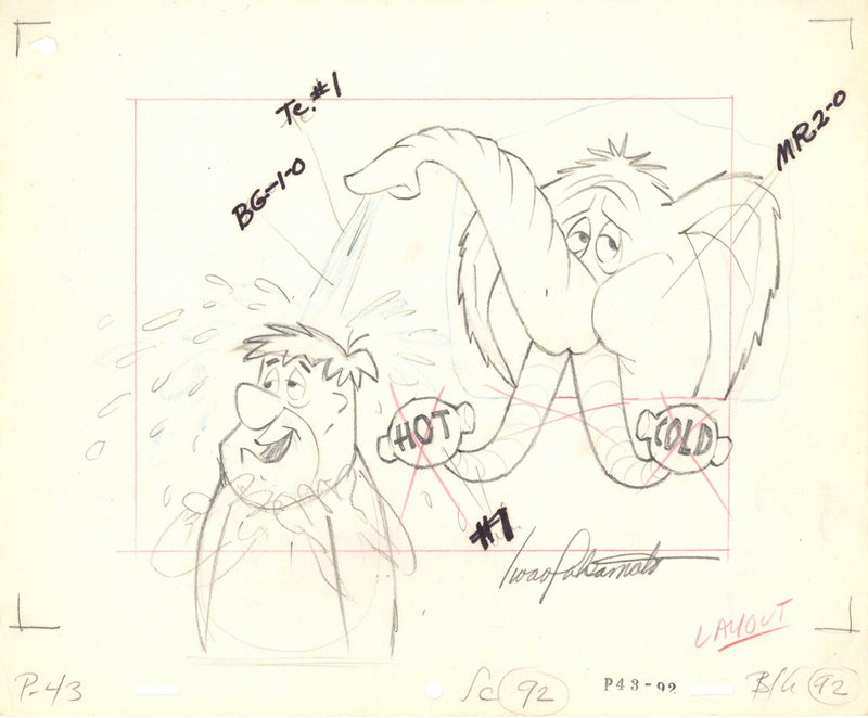 Fred Flintstone Original Layout Production Drawing Signed by Iwao Takamoto