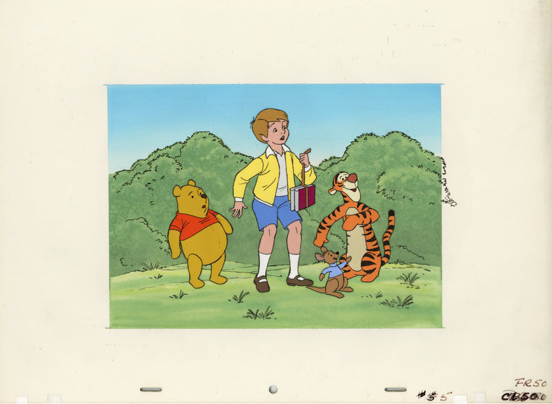 Winnie the Pooh Original Production Cel Key Setup on Original Background: Pooh, Christopher Robin, Tigger, Roo (Framed)