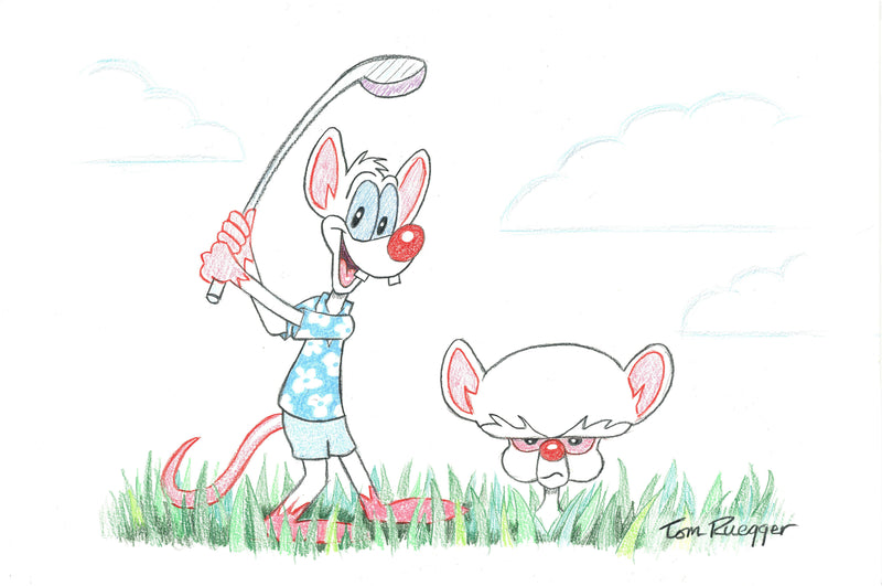 Tom Ruegger Original Signed Drawing: Pinky and the Brain Play Golf