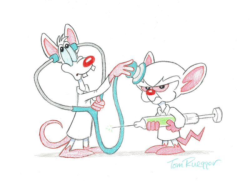 Tom Ruegger Original Signed Drawing: Pinky and the Brain as Doctors