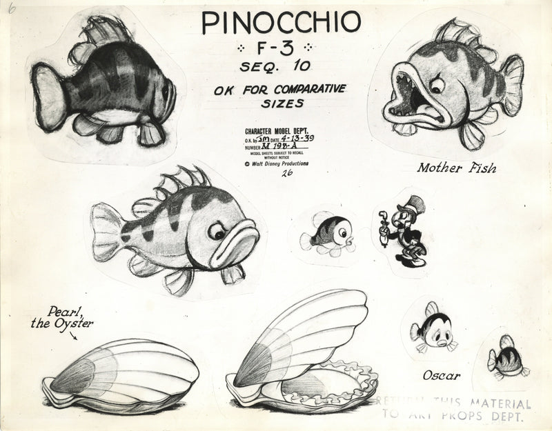 Pinocchio Original Stat Model Sheet: Mother Fish, Pearl, Oscar