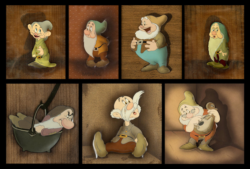 Snow White Original Production Cels on Courvoisier Backgrounds: Set of Seven Dwarfs (Framed)