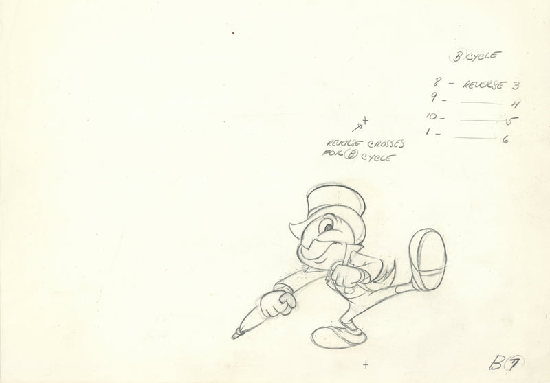 Jiminy Cricket Original Production Cel with Matching Drawing Signed by Preston Blair
