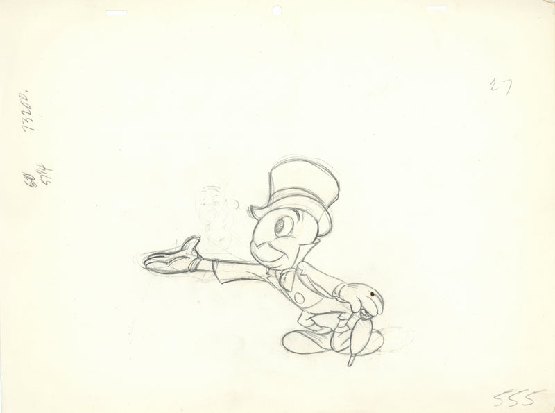Jiminy Cricket Original Production Cel with Matching Drawing Signed by Preston Blair