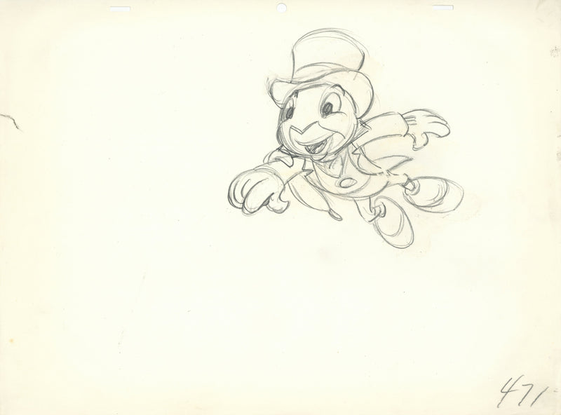 Jiminy Cricket Original Production Cel with Matching Drawing Signed by Preston Blair