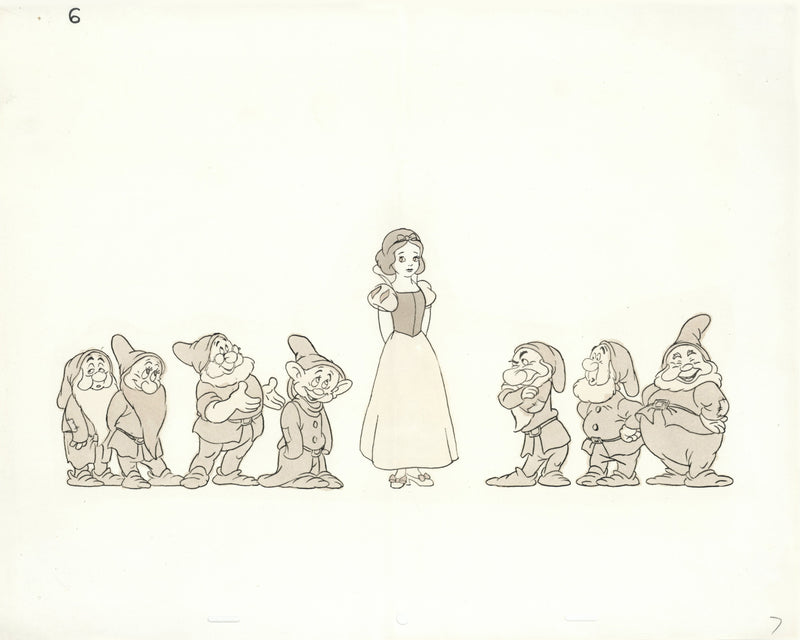 Hand-Colored Photostat Size Comparison Model Sheet: Snow White, The Seven Dwarves