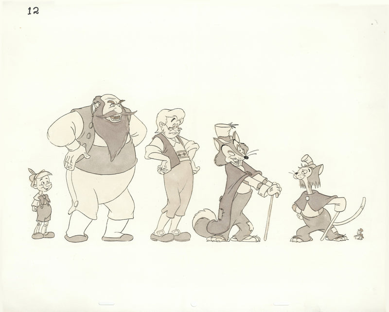 Hand-Colored Photostat Size Comparison Model Sheet: Pinocchio Cast