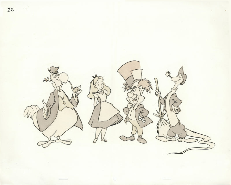 Hand-Colored Photostat Size Comparison Model Sheet: Dodo, Alice, Mad Hatter, Bill