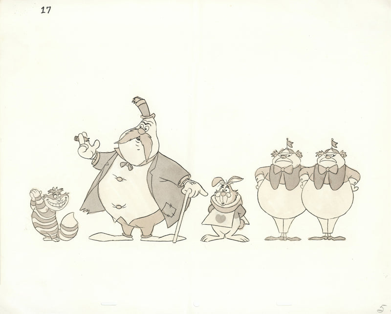 Hand-Colored Photostat Size Comparison Model Sheet: Cheshire Cat, Walrus, White Rabbit, Tweedle Dee, Tweedle Dum