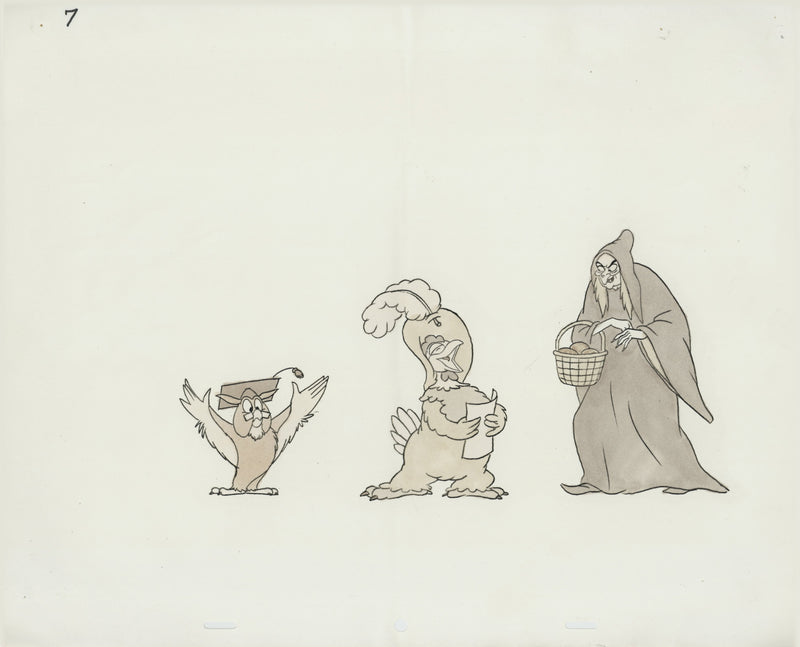 Hand-Colored Photostat Size Comparison Model Sheet: Wise Old Owl, Clara Cluck, Old Hag