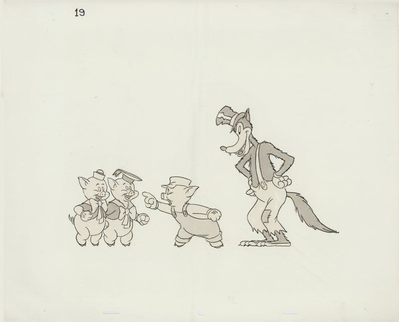 Hand-Colored Photostat Size Comparison Model Sheet: Three Little Pigs, Big Bad Wolf