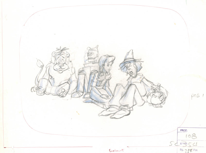 The Wizard of Oz Original Production Drawing: Cowardly Lion, Tin Man, Dorothy, Scarecrow, Toto