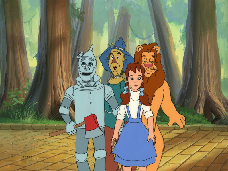 The Wizard of Oz Original Production Cel on Original Background: Tin Man, Scarecrow, Dorothy, Cowardly Lion