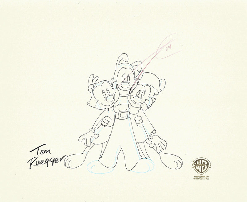 Animaniacs Original Production Drawing Signed by Tom Ruegger: Wakko, Yakko, Dot