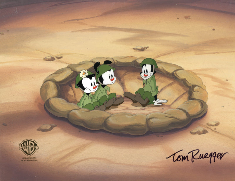 Animaniacs Original Production Cel on Original Background Signed by Tom Ruegger: Wakko, Yakko, Dot