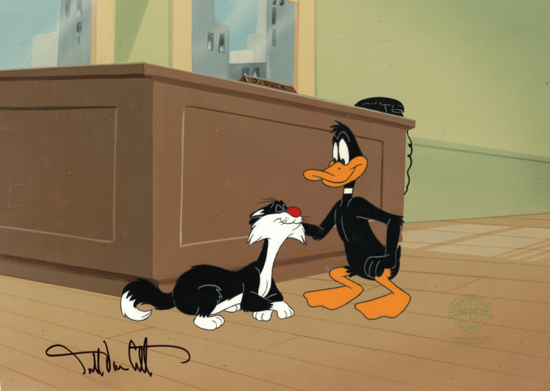 Quackbusters Original Production Cel with Matching Drawings Triple Signed by Darrell Van Citters: Sylvester and Daffy