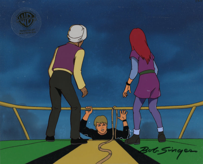 The Real Adventures of Jonny Quest Original Production Cel with Original Background Signed by Bob Singer: Jonny, Jessie, Hadji