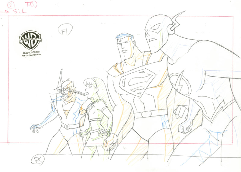 Justice League Unlimited Original Production Drawing: Green Arrow, Supergirl, Superman, The Flash