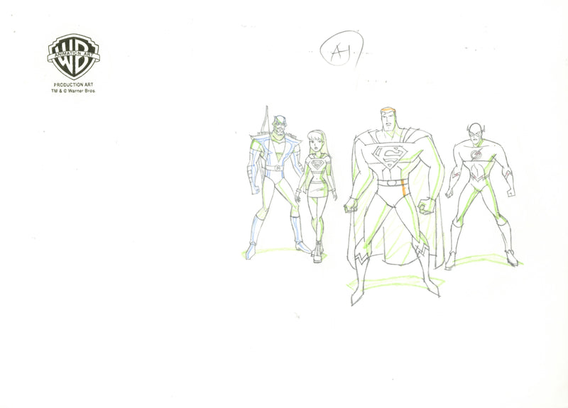 Justice League Unlimited Original Production Drawing Double Aperture: Martian Manhunter, Green Arrow, Supergirl, Superman, Flash