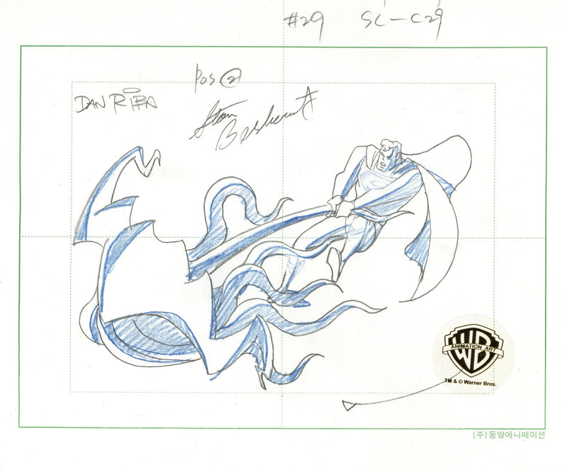 Superman The Animated Series Original Production Drawing Signed by Dan Riba and Stan Berkowitz: Superman