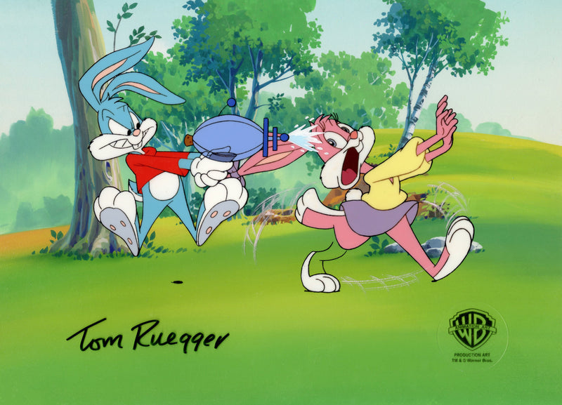 Tiny Toons Original Production Cel on Original Background Signed by Tom Ruegger: Buster Bunny, Babs Bunny