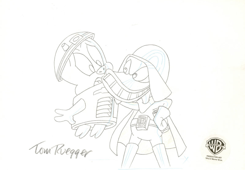 Tiny Toons Original Production Cel with Matching Drawing Signed by Tom Ruegger: Duck Vader and Hamton J. Pig