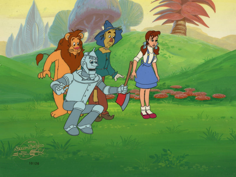 The Wizard of Oz Original Production Cel on Original Background: Cowardly Lion, Tin Man, Scarecrow, Dorothy