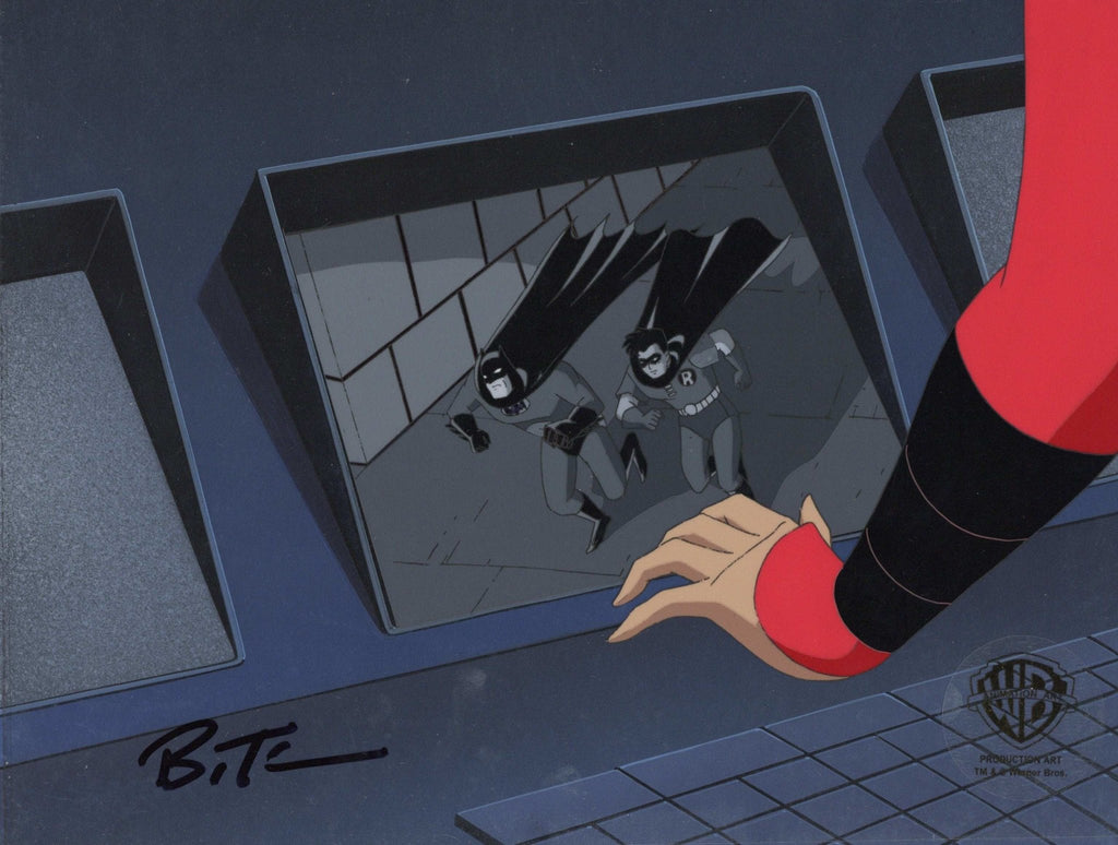 Batman The Animated Series Original Production Cel On Original Background signed by Bruce Timm: Batman, Robin, Red Claw - Choice Fine Art