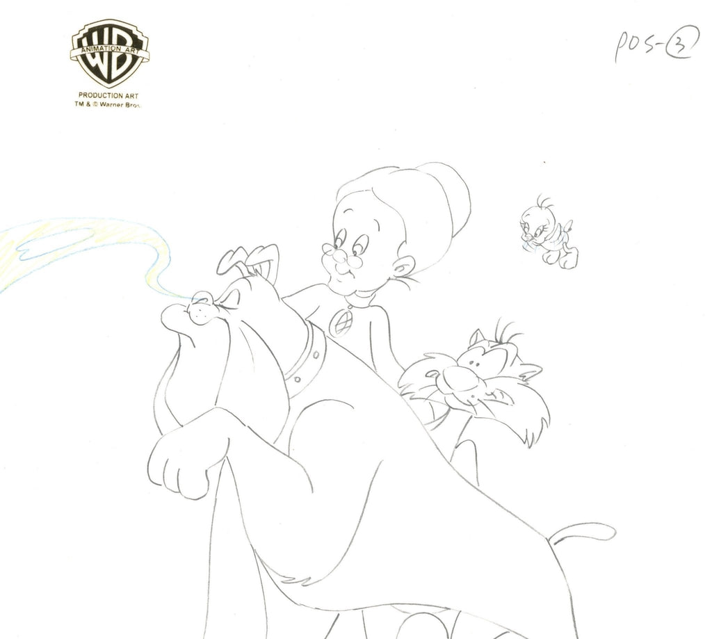 Sylvester and Tweety Mysteries Original Production Drawing: Tweety, Granny, Sylvester, and Hector - Choice Fine Art