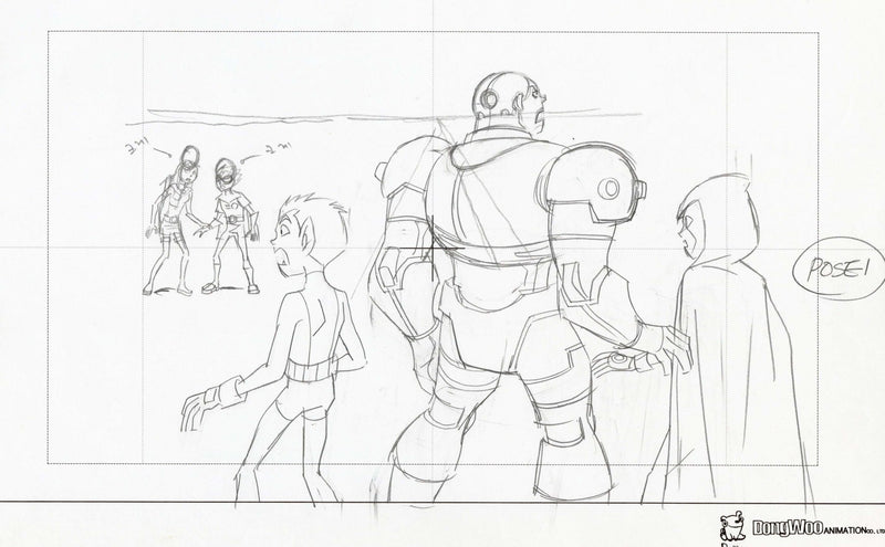 Teen Titans Original Production Drawing: Starfire, Beast Boy, Cyborg, Raven, and Robin - Choice Fine Art