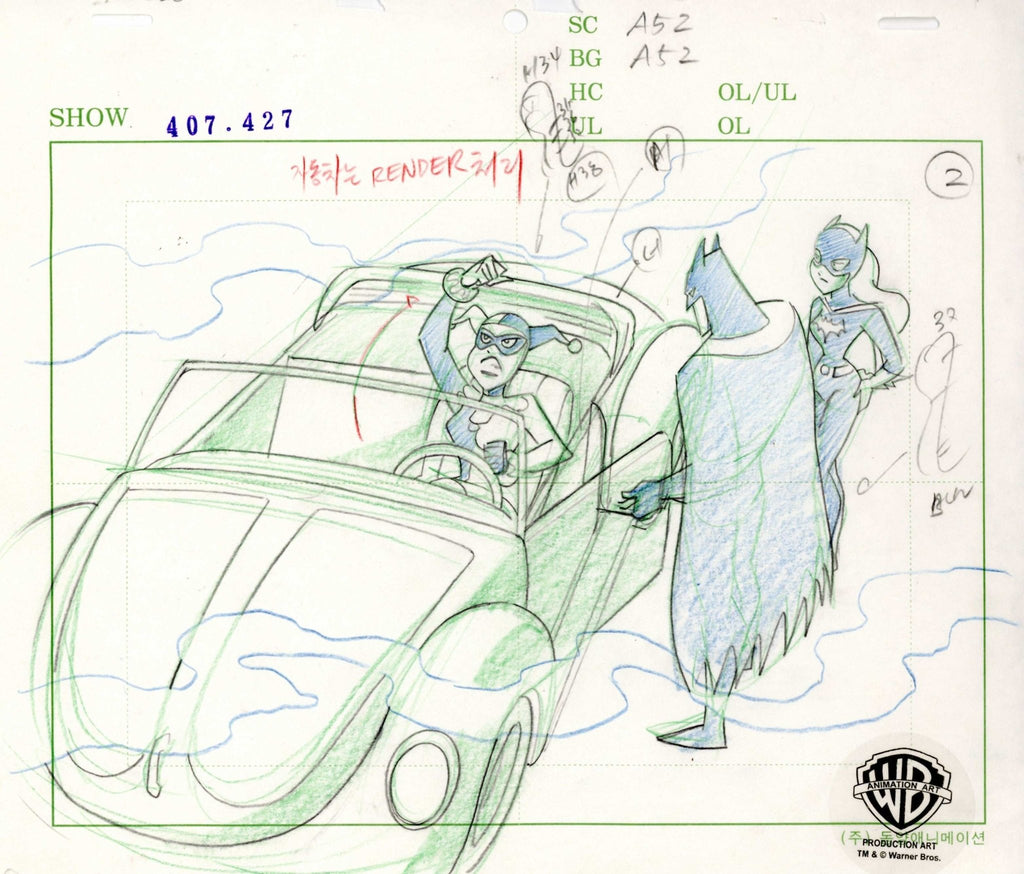 The New Batman Adventures Original Production Drawing: Batman, Batgirl, and Harley Quinn - Choice Fine Art