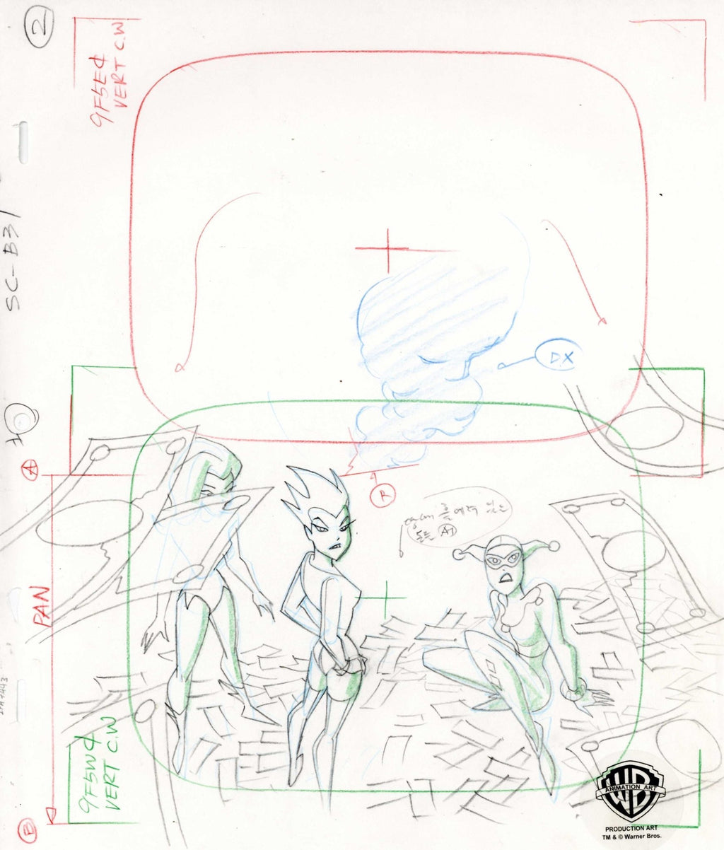 The New Batman Adventures Original Production Drawing: Harley Quinn, Poison Ivy, and Livewire - Choice Fine Art