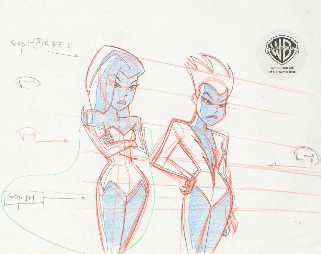 The New Batman Adventures Original Production Drawing: Poison Ivy and Livewire - Choice Fine Art