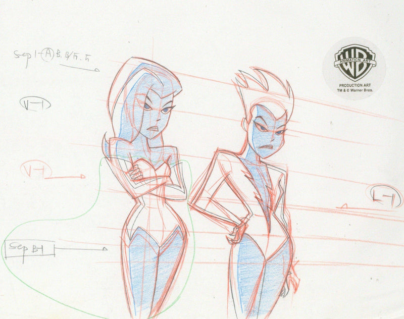 The New Batman Adventures Original Production Drawing: Poison Ivy and Livewire - Choice Fine Art